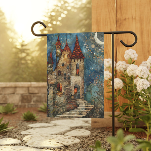 Decorative garden flag with a castle design on a stand outdoors.