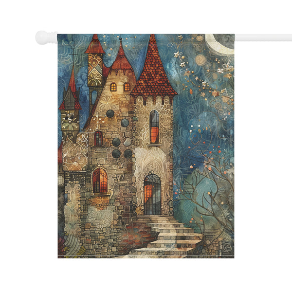 Decorative banner with a castle design on a white background