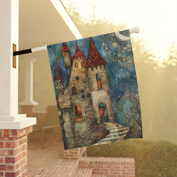 Decorative towel with castle design hanging on a door handle.