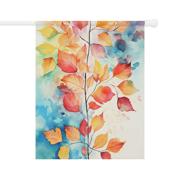 Decorative flag with colorful autumn leaf design on a white background