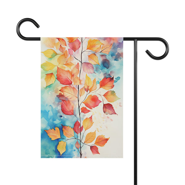 Decorative garden flag with autumn leaf design on a white background