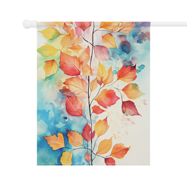 Decorative flag with colorful autumn leaf design on a white background