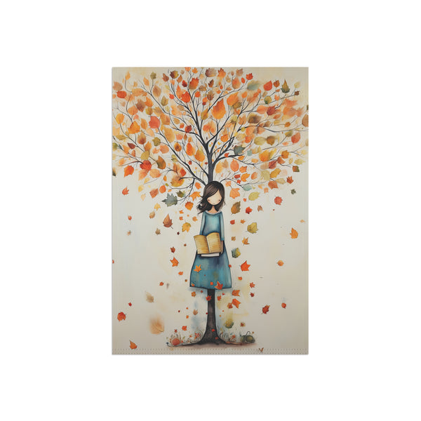 Illustration of a woman with a tree trunk holding books, surrounded by autumn leaves on a white background.