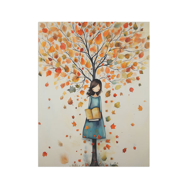 Illustration of a woman under an autumn tree with colorful leaves on a white background