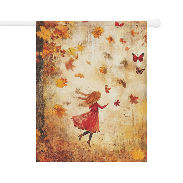 Decorative flag with a woman in a red dress and autumn leaves design.