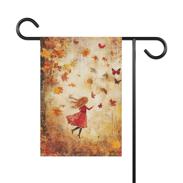 Decorative garden flag with a girl in a red dress and butterflies on a white background