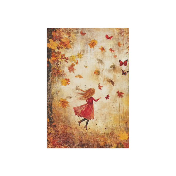 Artistic depiction of a woman in a red dress surrounded by autumn leaves and butterflies on a textured background.