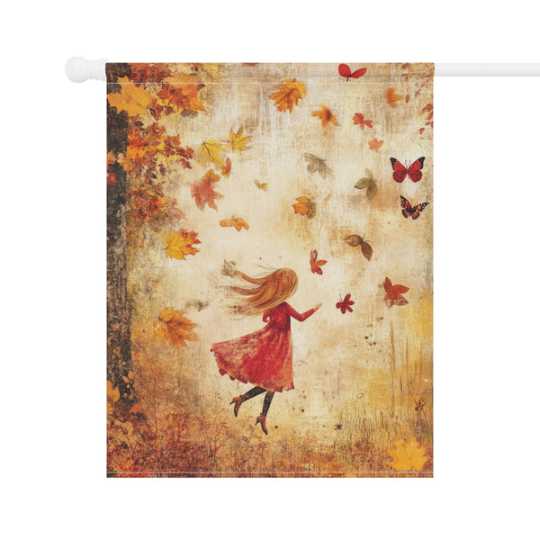 Decorative flag with a girl in a red dress and autumn leaves design on a white background