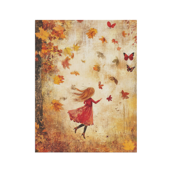 Illustration of a girl in a red dress with autumn leaves and butterflies on a textured background