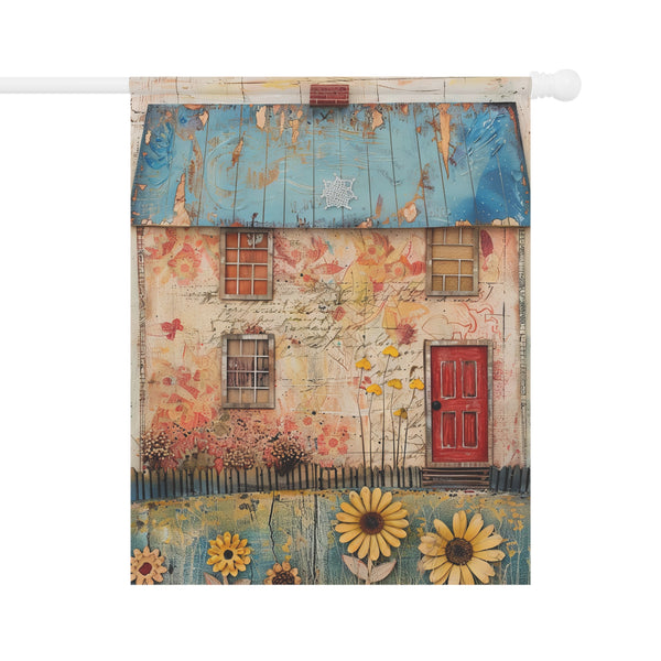 Decorative house flag with a vintage-style illustration of a house, flowers, and sunflowers on a white background.