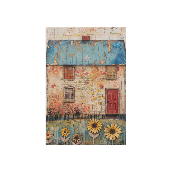 Decorative mat with a house and flower design on a white background