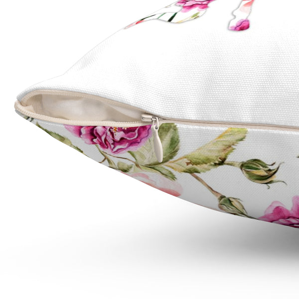 Floral Throw Pillow with Unicorns Side Zipper View