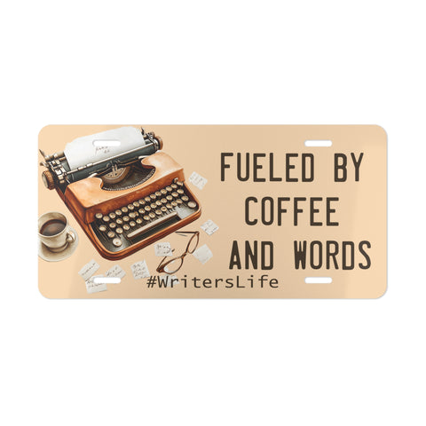 Wooden sign with a typewriter, coffee cup, and eyeglasses design, featuring the text 'Fueled by Coffee and Words #WritersLife'.
