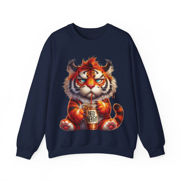 Funny Coffee Tiger Sweatshirt “Need Energy” Unisex Cozy Fall Pullover Sweater