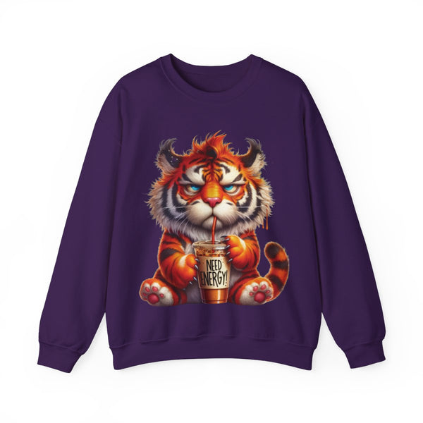 Funny Coffee Tiger Sweatshirt “Need Energy” Unisex Cozy Fall Pullover Sweater