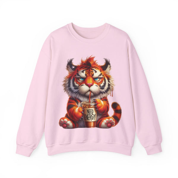 Funny Coffee Tiger Sweatshirt “Need Energy” Unisex Cozy Fall Pullover Sweater