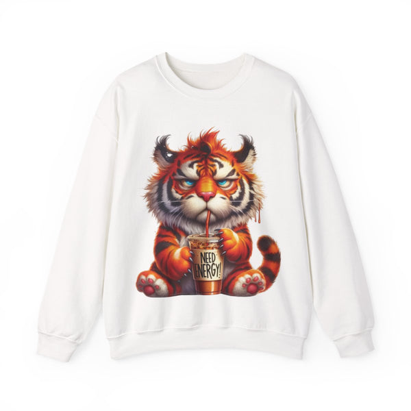 Funny Coffee Tiger Sweatshirt “Need Energy” Unisex Cozy Fall Pullover Sweater
