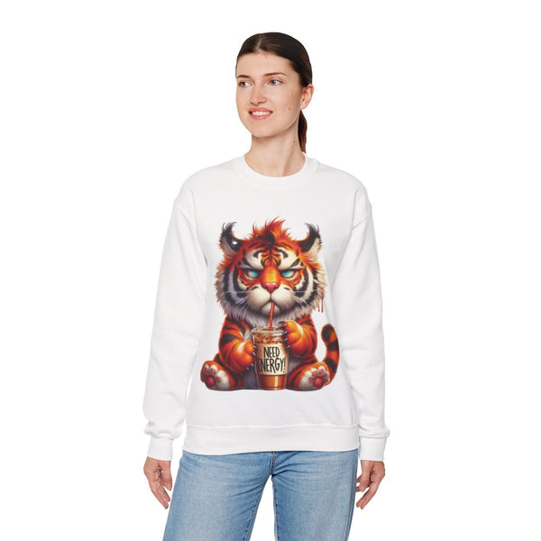 Funny Coffee Tiger Sweatshirt “Need Energy” Unisex Cozy Fall Pullover Sweater