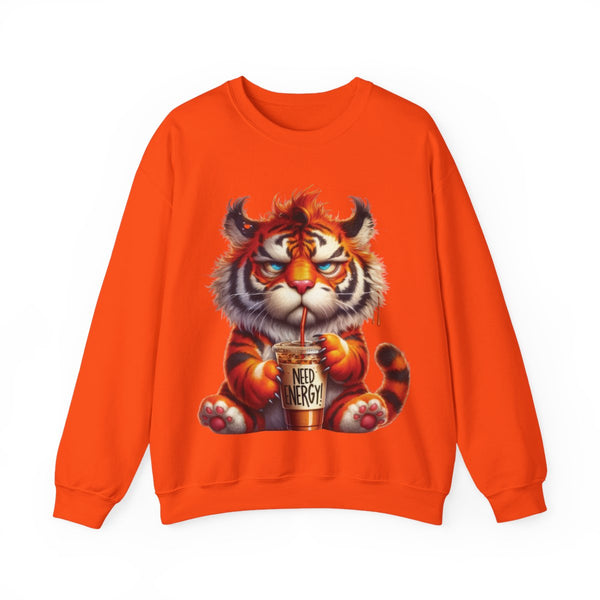Funny Coffee Tiger Sweatshirt “Need Energy” Unisex Cozy Fall Pullover Sweater