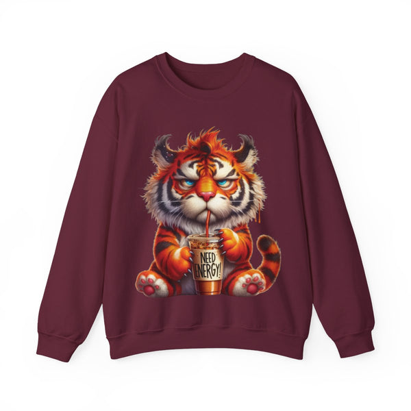 Funny Coffee Tiger Sweatshirt “Need Energy” Unisex Cozy Fall Pullover Sweater
