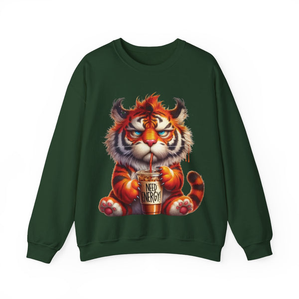 Funny Coffee Tiger Sweatshirt “Need Energy” Unisex Cozy Fall Pullover Sweater