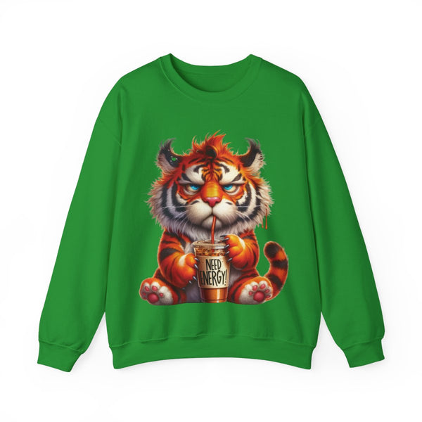 Funny Coffee Tiger Sweatshirt “Need Energy” Unisex Cozy Fall Pullover Sweater
