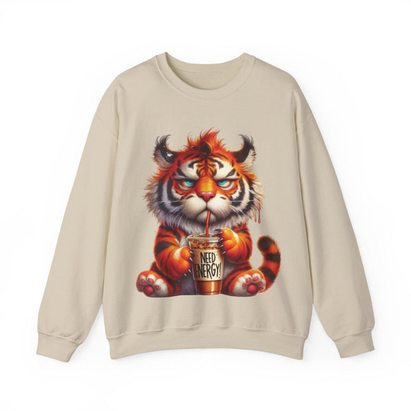 Funny Coffee Tiger Sweatshirt “Need Energy” Unisex Cozy Fall Pullover Sweater