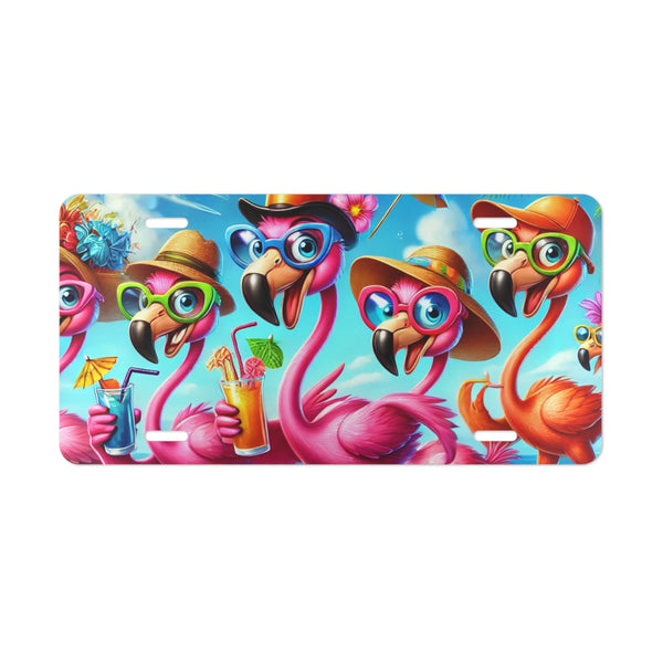 Funny Flamingo Vanity Front License Plate – Tropical Cartoon Flock with Drinks, Beach Car Accessory, Summer Vibes Gift