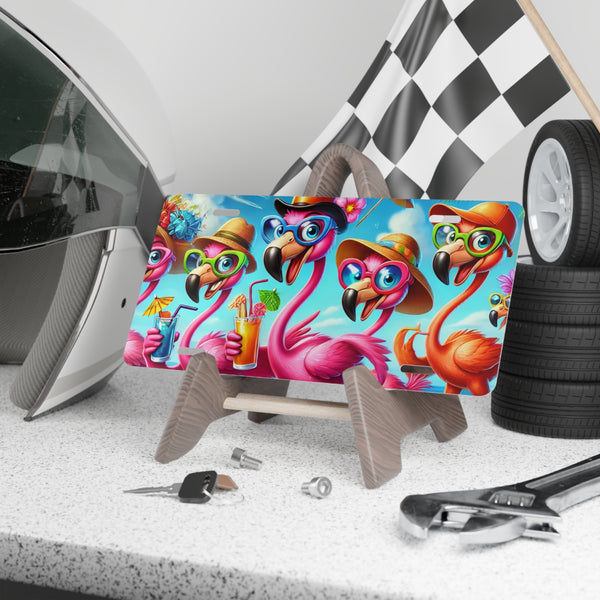 Funny Flamingo Vanity Front License Plate – Tropical Cartoon Flock with Drinks, Beach Car Accessory, Summer Vibes Gift