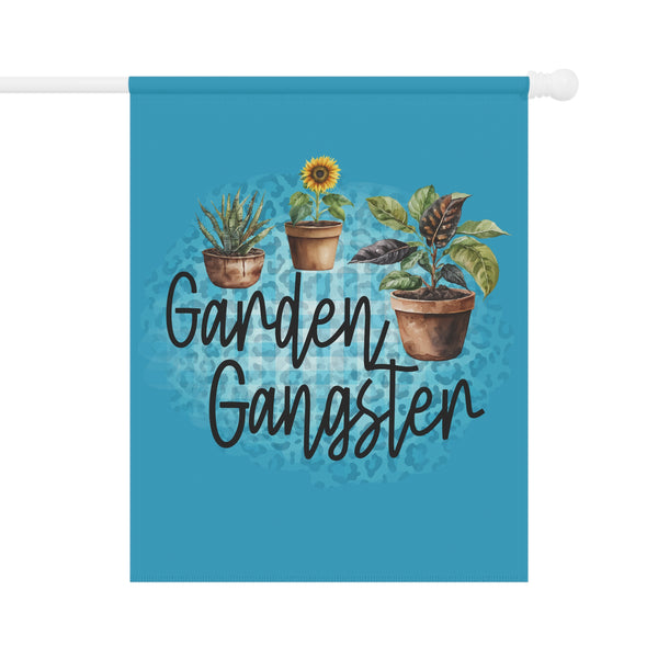 Decorative flag with plants and 'Garden Gangster' text on a blue background