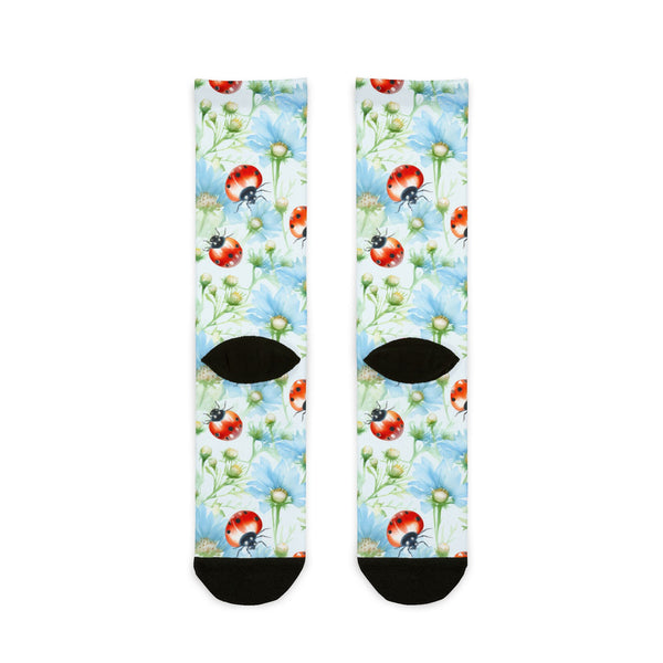Pair of socks with ladybug and flower pattern on a white background