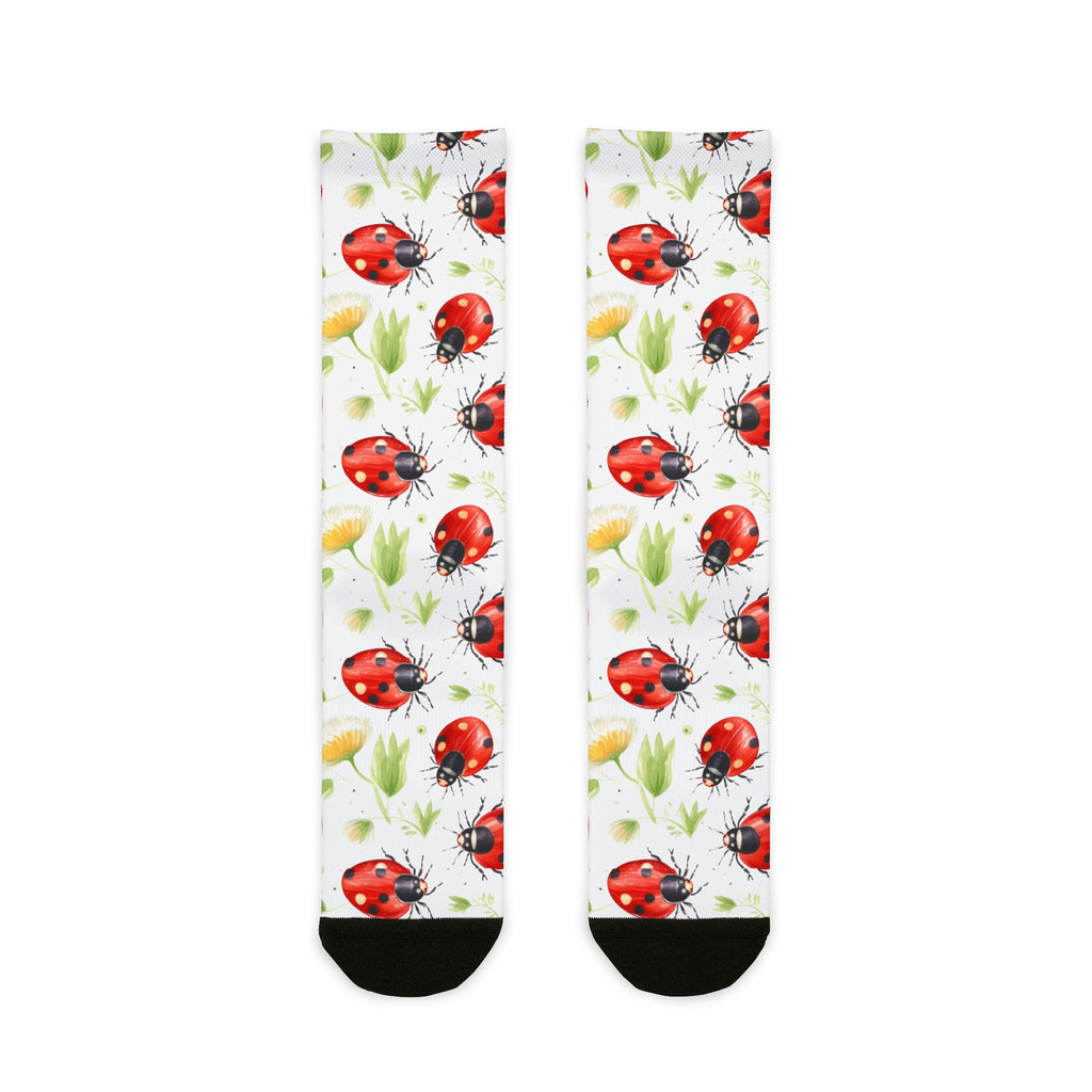 Pair of socks with ladybug pattern on a white background
