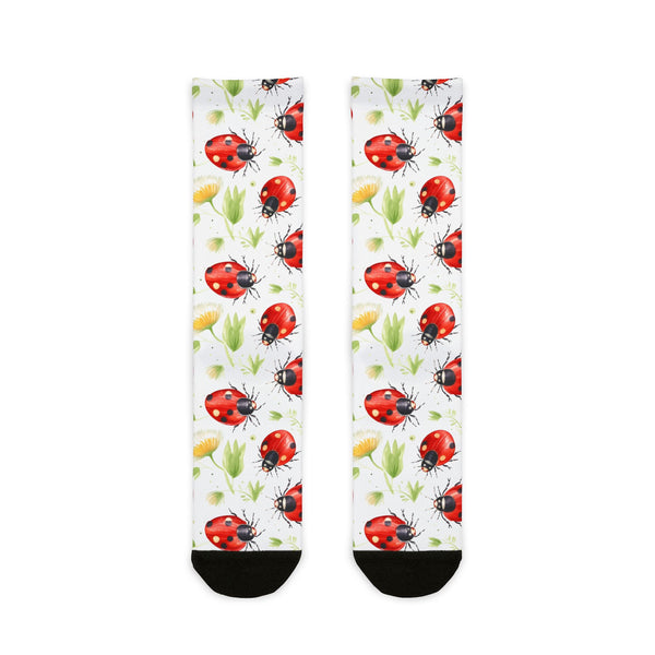 Pair of socks with ladybug pattern on a white background