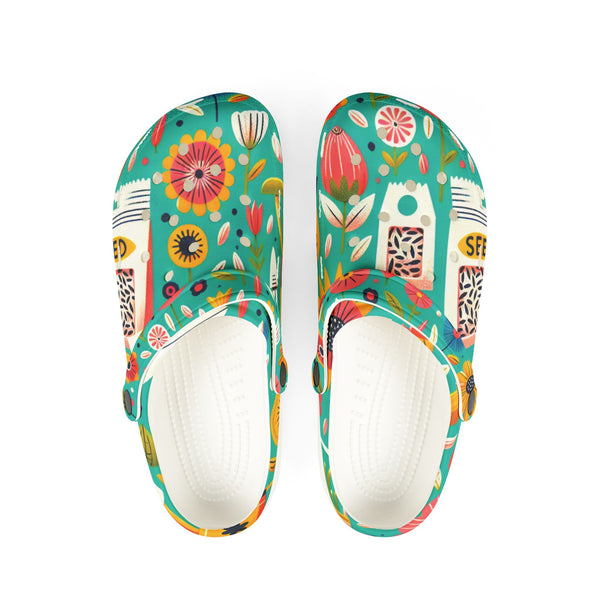 Colorful floral-patterned clogs on a white background