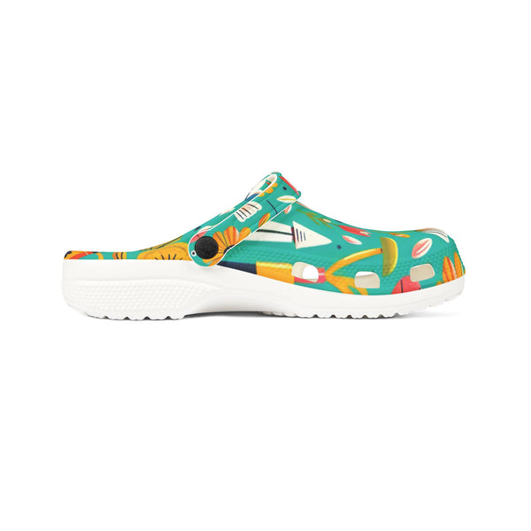 Colorful clog shoe with a pattern on a white background
