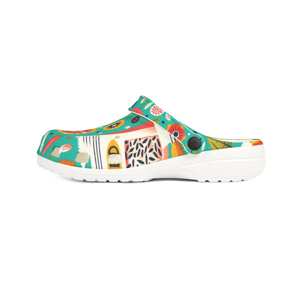 Colorful clog shoe with abstract design on a white background
