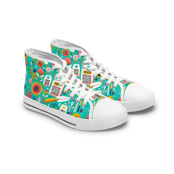 Colorful high-top sneakers with floral and abstract patterns on a white background