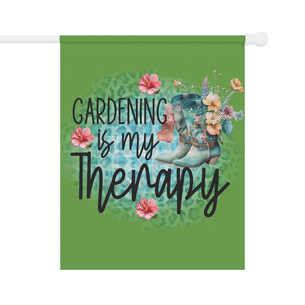 Decorative flag with 'Gardening is my Therapy' text, floral designs, and boots on a green background.