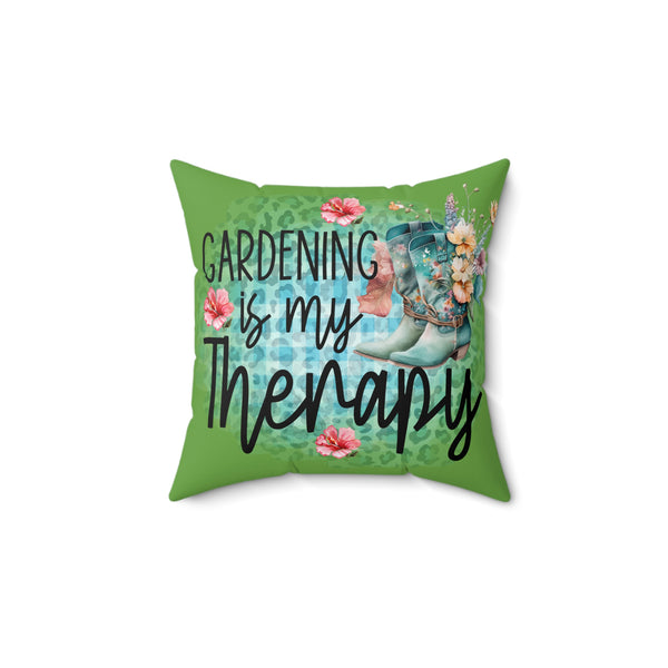 Decorative pillow with 'Gardening is my Therapy' text and floral design on a green background