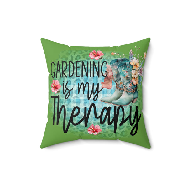 Decorative pillow with 'Gardening is my Therapy' text, boots, and flowers on a green background.