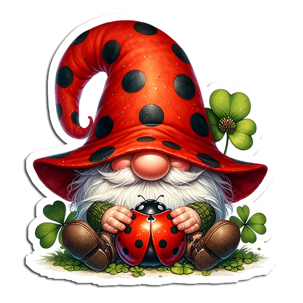 Gnome with a red polka dot hat holding a ladybug surrounded by clovers on a white background