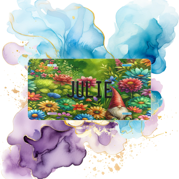 Personalized Gnome Vanity Front License Plate on a splash of purple and blue watercolor background
