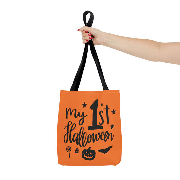 My First Halloween Trick or Treat Bag being held in a hand on  a white background