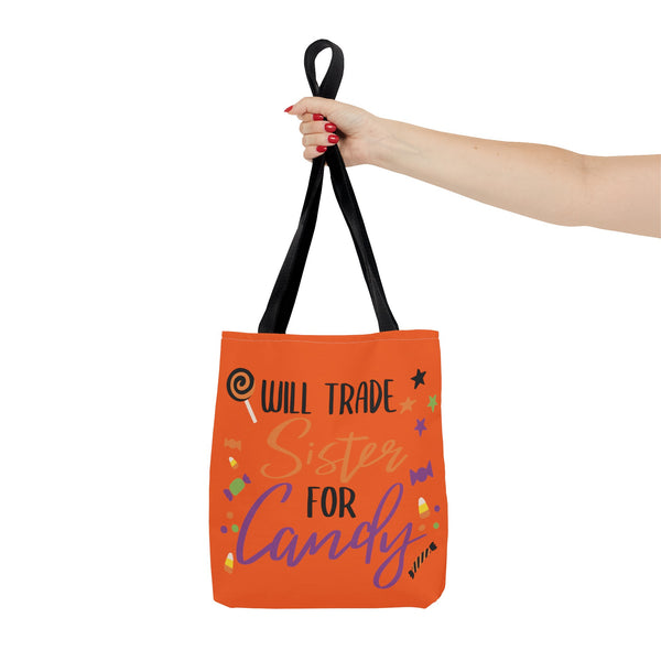 Trade Sister for Candy Halloween Trick or Treat Bag in a woman's hand on a white background