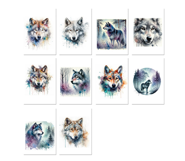 10 handmade notecards with wolves