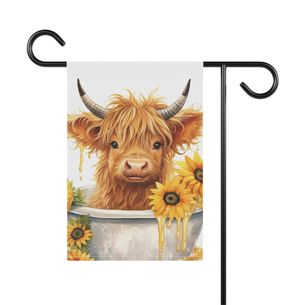 Garden flag with a highland cow and sunflowers on a white background