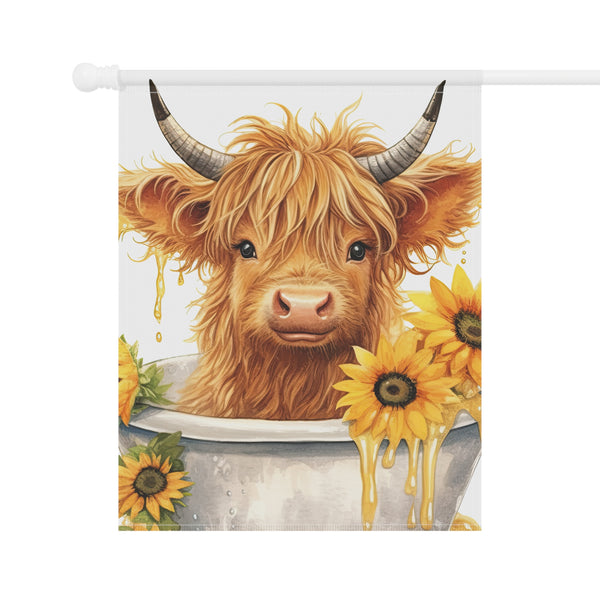 Decorative banner with a highland cow and sunflowers on a white background