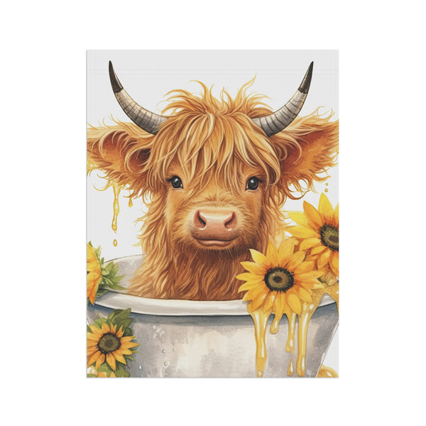 Painting of a highland cow with sunflowers on a white background