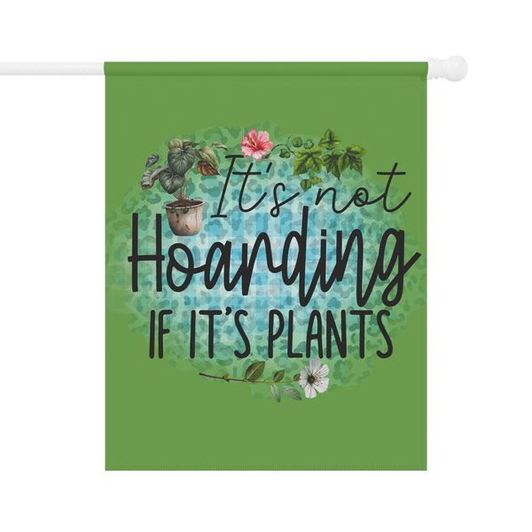 Green garden flag with plant-themed text and illustrations on a white background