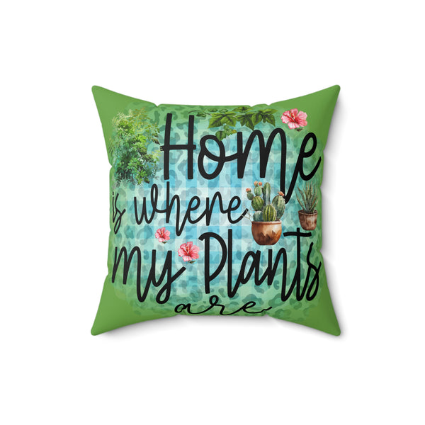 Decorative pillow with plant-themed text and images on a white background